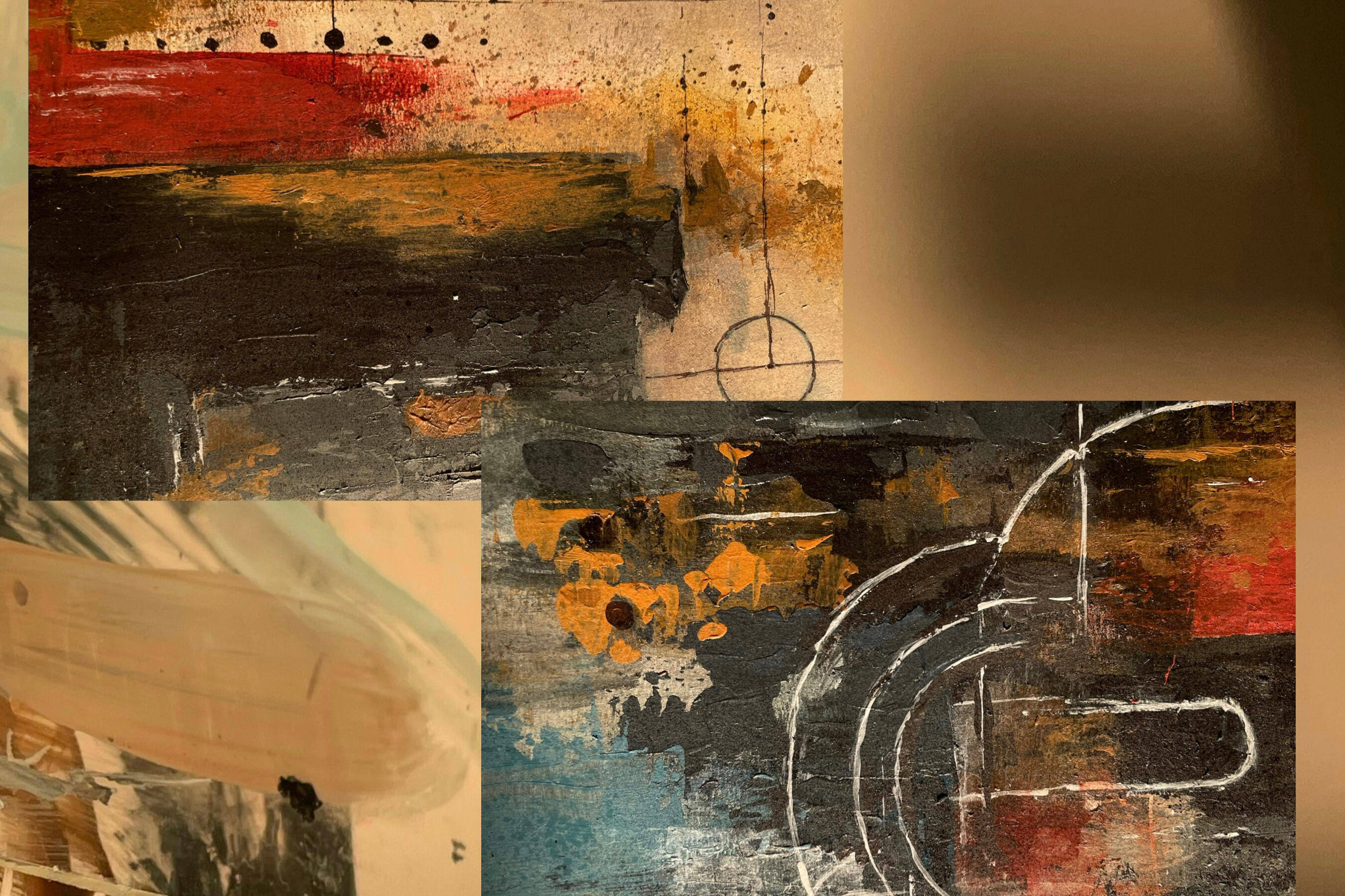 Close-up detail of a mixed-media painting showing layered textures, soft washes of colour and expressive brushstrokes.